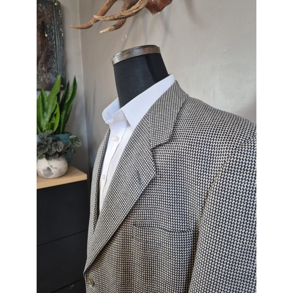 Jeffrey Banks Mens Wool Silk Sport Coat 36L Blue Cream Geometric 3 Button Jacket